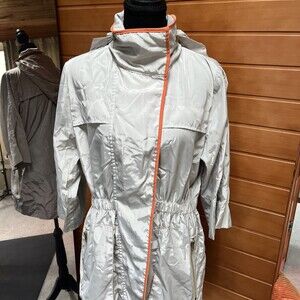 Luii Anthropologie Women's Gray/Orange Trim Half Sleeve Zip Button Raincoat